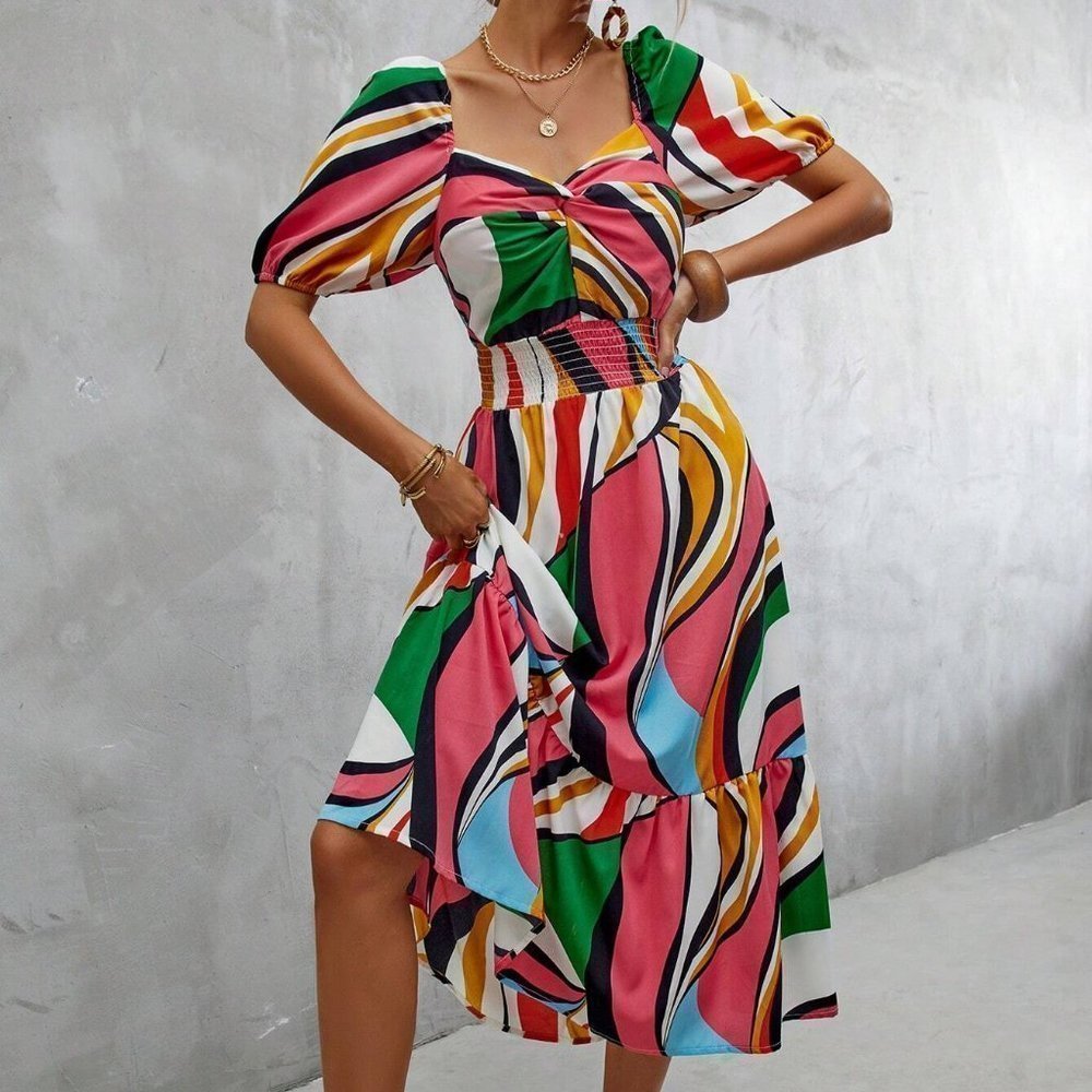 Contemporary Print Off Shoulder Ruffle Hem Dress - Picture 2 of 5